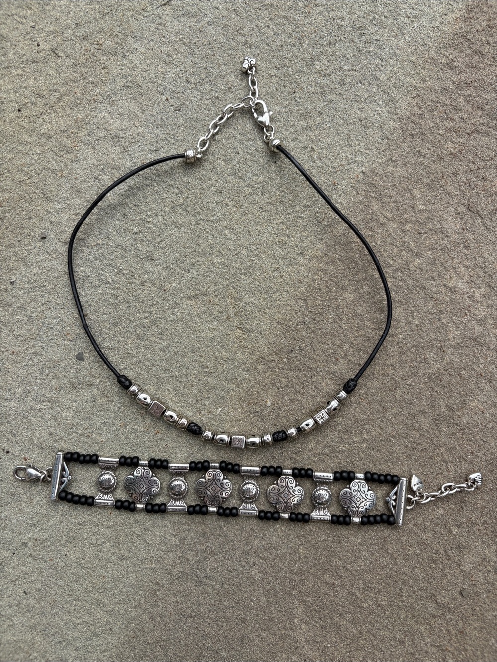 Brighton Black Bead Choker and Silver-Accent Bracelet Set